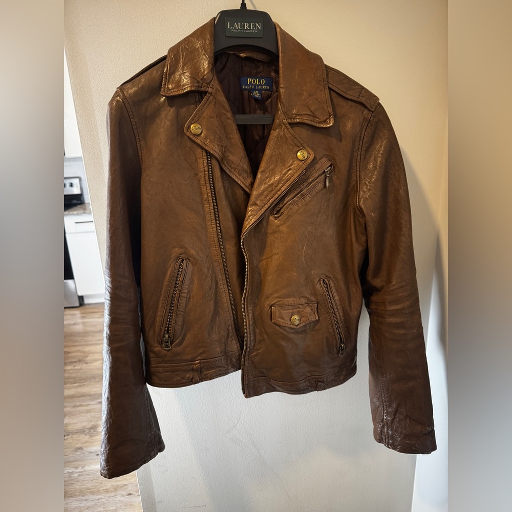Brown leather boys motorcycle jacket